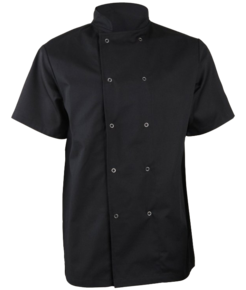 A black chef's jacket featuring buttons on the chest 